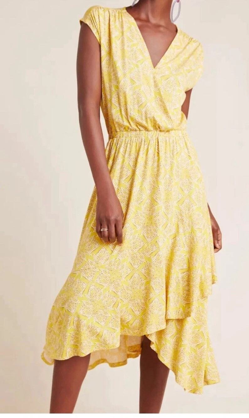 Anthropologie Maeve Fete Wrap Yellow Midi Dress Boho Spring Size S